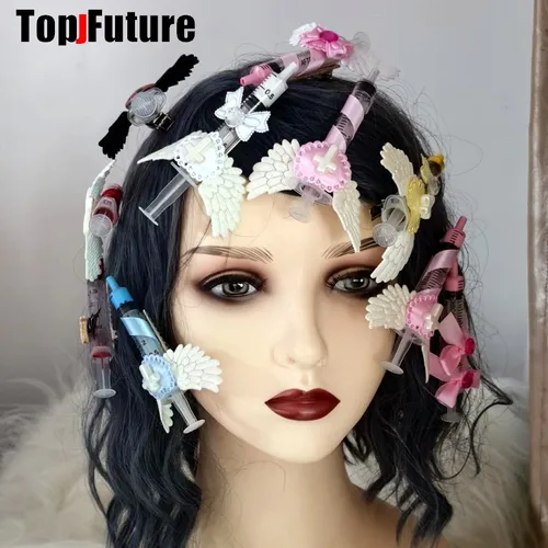 Pinza para el pelo Y2K hecha a mano con forma de ala de murciélago para mujer, jeringa médica para enfermera, accesorios para el cabello, pinzas para el cabello, pasadores de horquilla