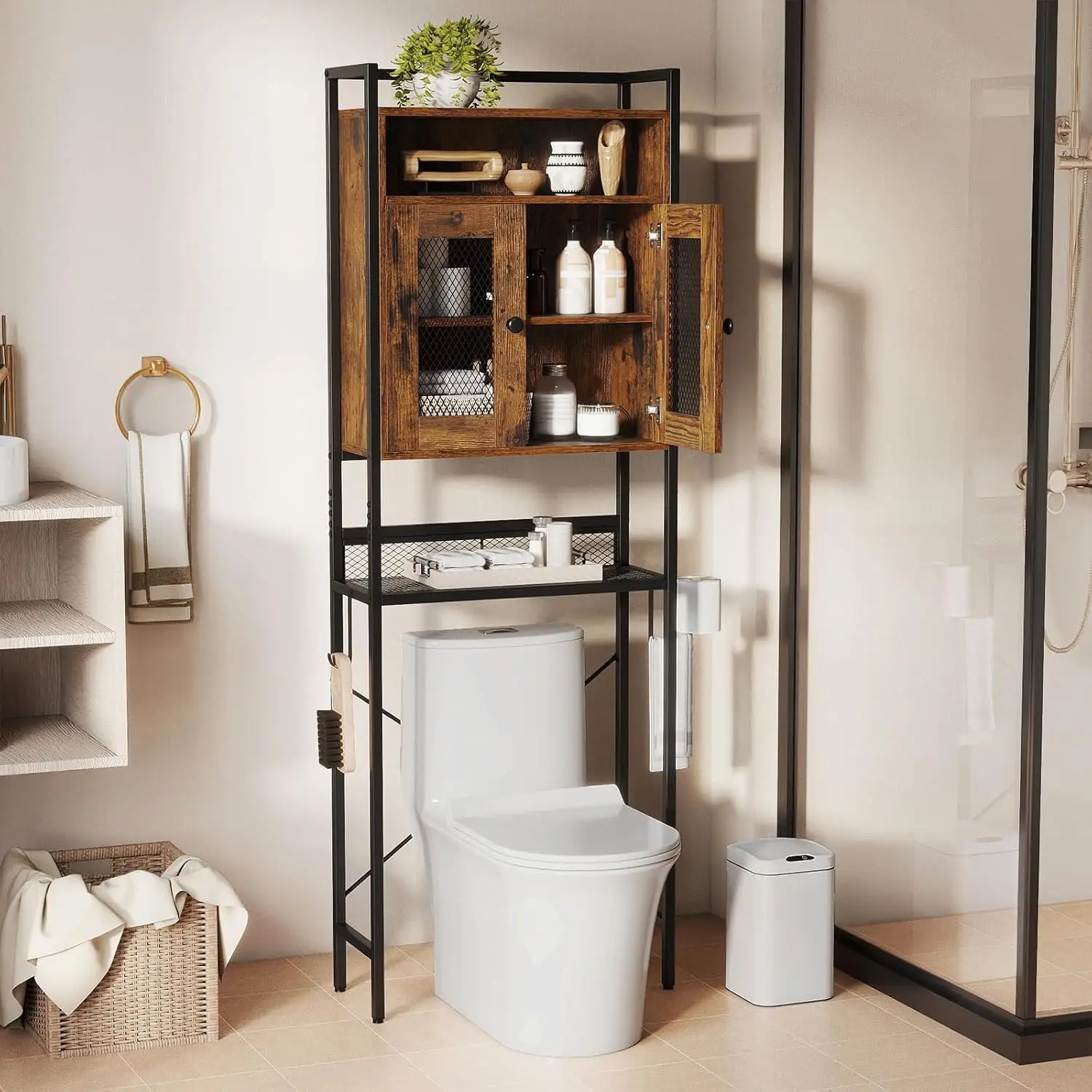 

5-Tier Over Toilet Storage Cabinet Mesh Doors Metal Paper Holder Hook Bathroom Organizer Rustic Brown Customized