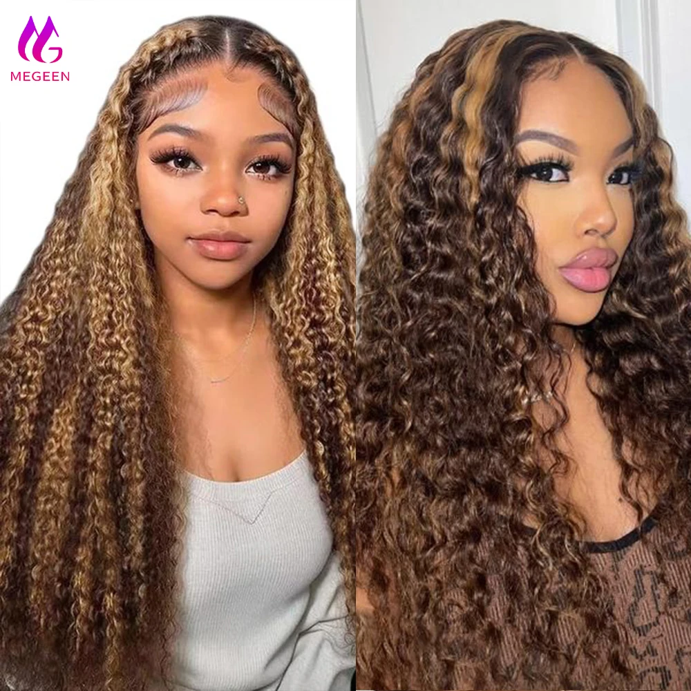 Megeen P4/27 13 x4 parrucca anteriore in pizzo parrucca onda d'acqua parrucca frontale in pizzo trasparente capelli umani evidenziare parrucca colorata Ombre biondo miele