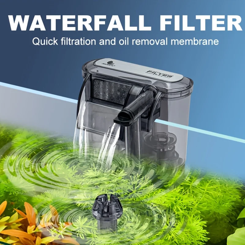 Filtro de cascada para acuario montado en la pared, filtración de 3 capas con removedor de película de aceite, caudal ajustable, motor silencioso de bajo consumo de energía de 2.5W, salida de agua de 42 GPH, limpieza eficaz del agua y aumento de oxígeno para acuarios.