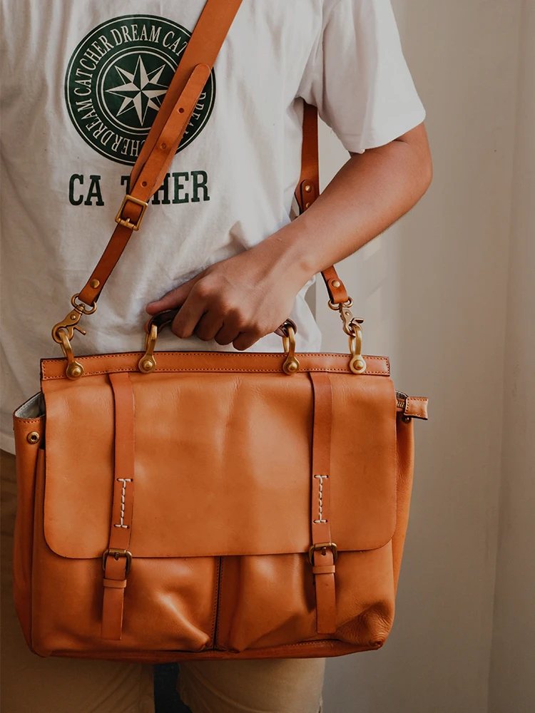 PNDME vintage designer handmade vegetable tanned cowhide men's women's briefcase casual luxury genuine leather laptop handbag