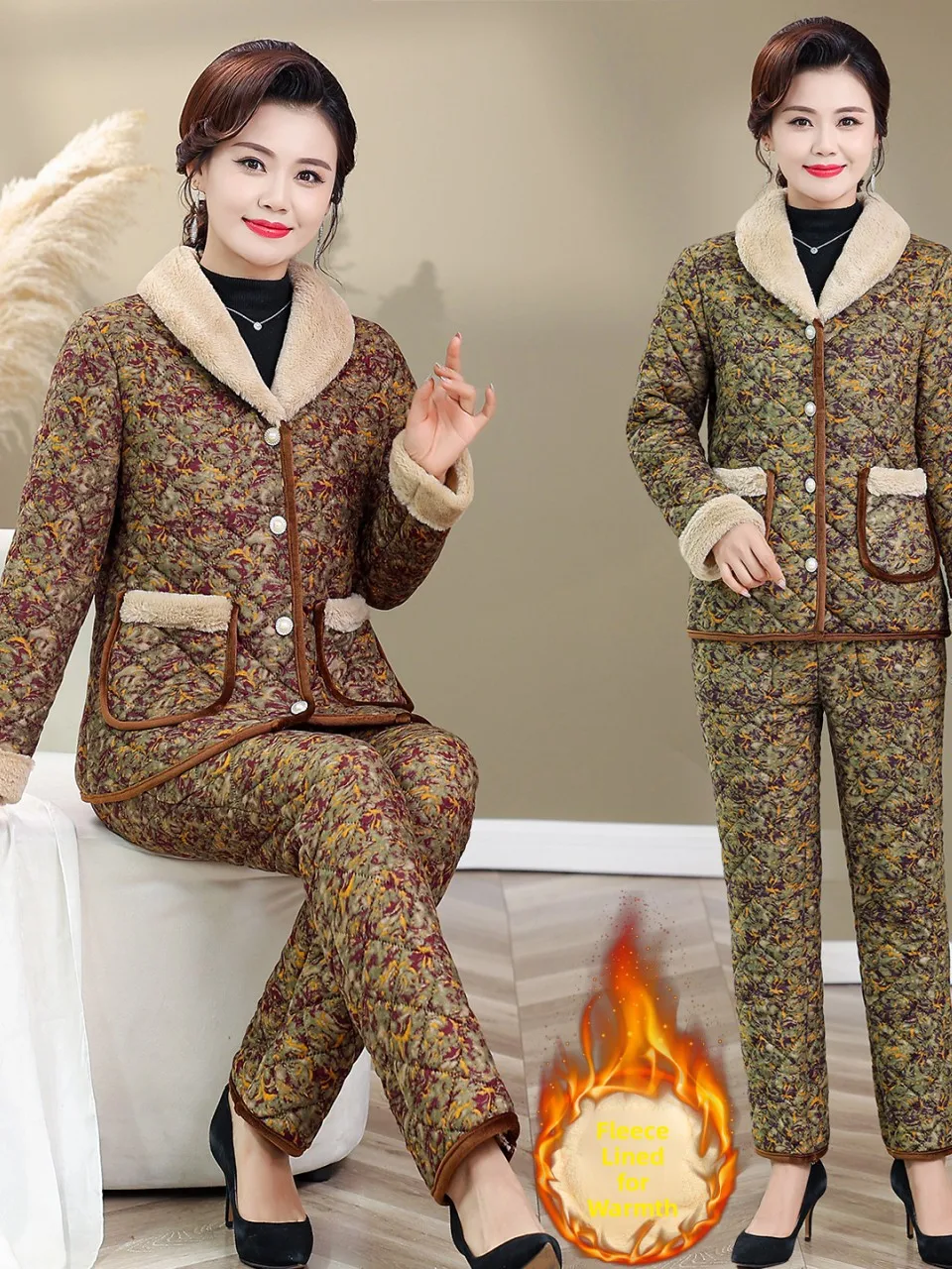 

Warmth Faionable Two-Piece Set for Middle-Aged And ly Women with awl Collar Cotton Coat And Long Pants Polyester Fiber