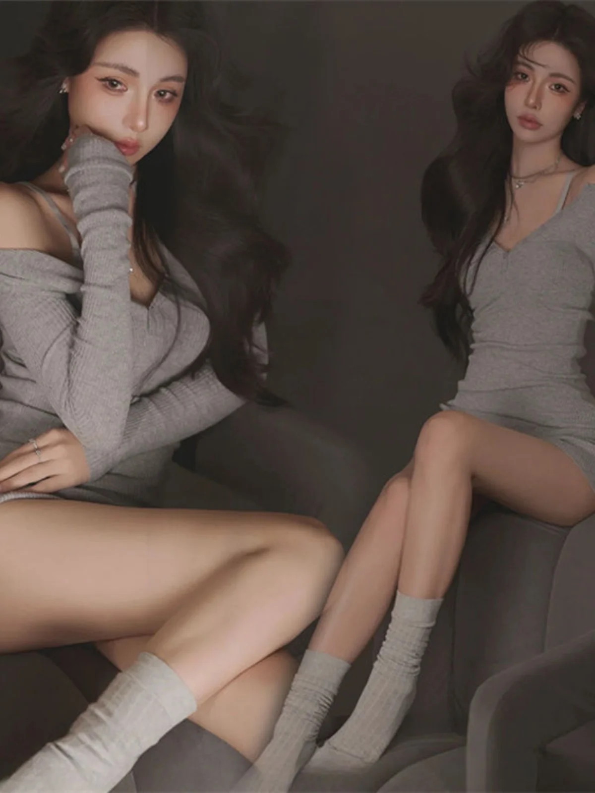 

Серое портретное платье в корейском стиле для модных фотосессий, новинка, женская одежда, сценический костюм, полиэстер