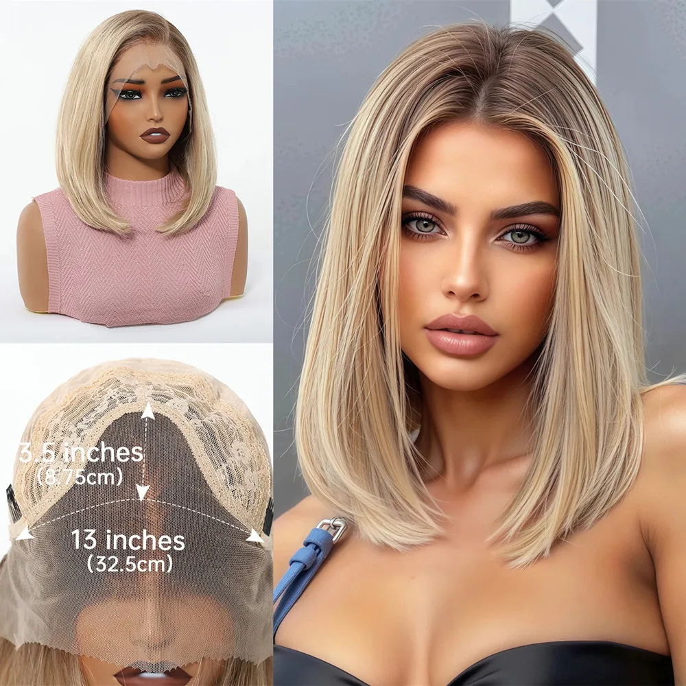 

13*4 Синтетические парики фронта шнурка Ombre Блондинка Парик шнурка средней длины Прямые накладные волосы Термостойкий парик из волокна для ежедневных вечеринок