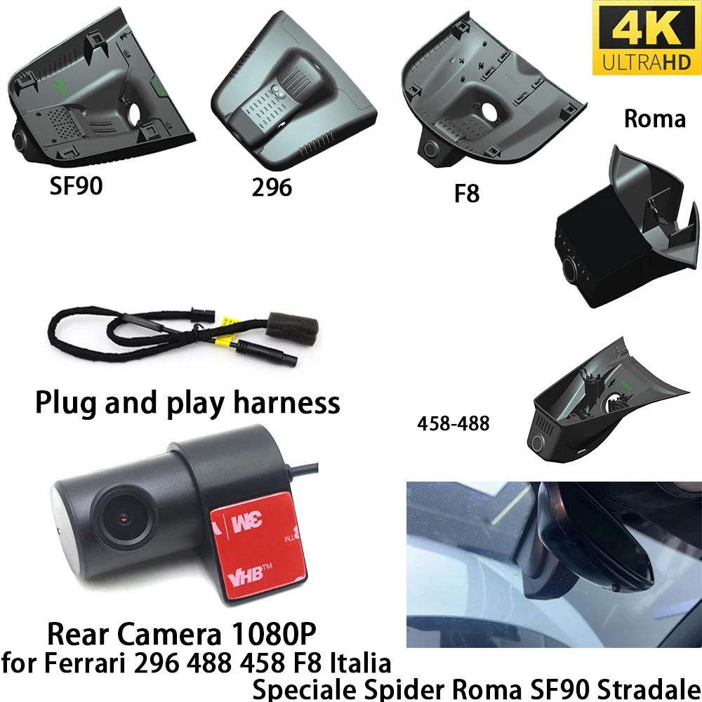 for Ferrari 296 488 458 F8 Italia Speciale Spider Roma SF90 Stradale OEM Front Rear Camera Video Recorder Wifi Recording