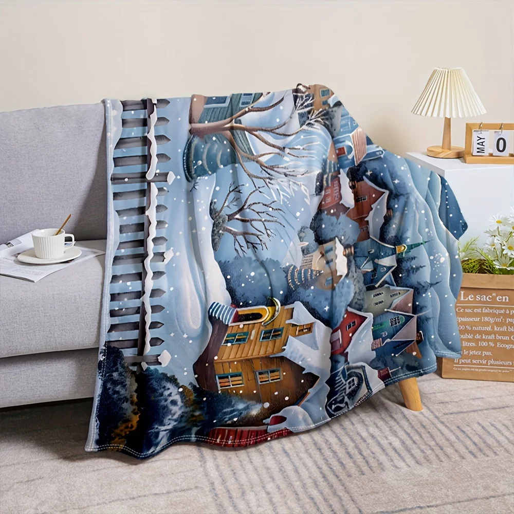 Cozy Snowy Winter Christmas Town Throw Blanket Lap Xmas Holiday Fleece Decor Flannel Gifts for Family Home Decor