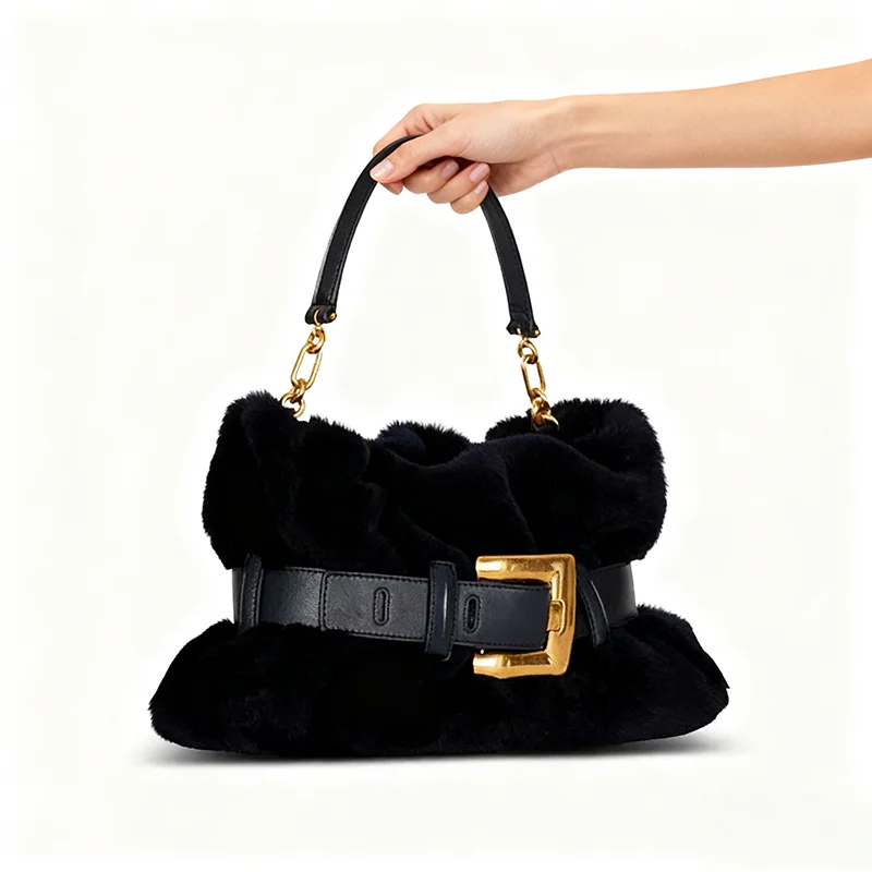 

Winter Luxury Faux Fur Bag, Vintage Metal Buckle Shoulder Bag, Plush Pleated Chain Underarm Bag For Women, Glamorous Clutch
