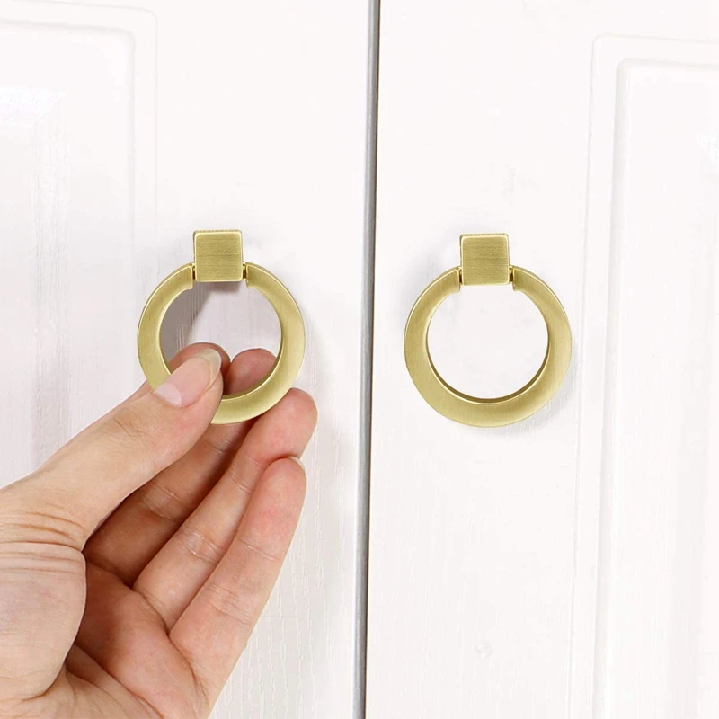 Solid Brass Cabinet Drawer Dresser Ring Pulls Gold Furniture Knobs Copper Kitchen Cupboard Wardrobe Ring Pull Handles-1Pack