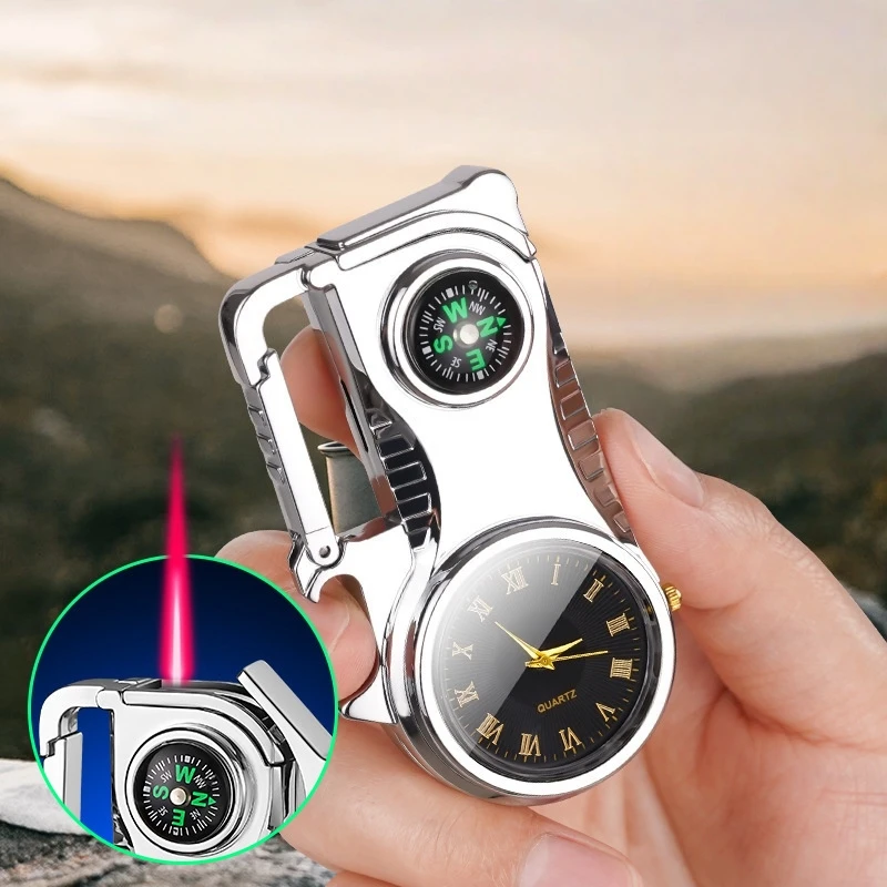

Outdoor Compass Keychain Inflatable Windproof Lighter Multi-function Watch Bottle Opener Red Flame Butane Lighters Survival Tool