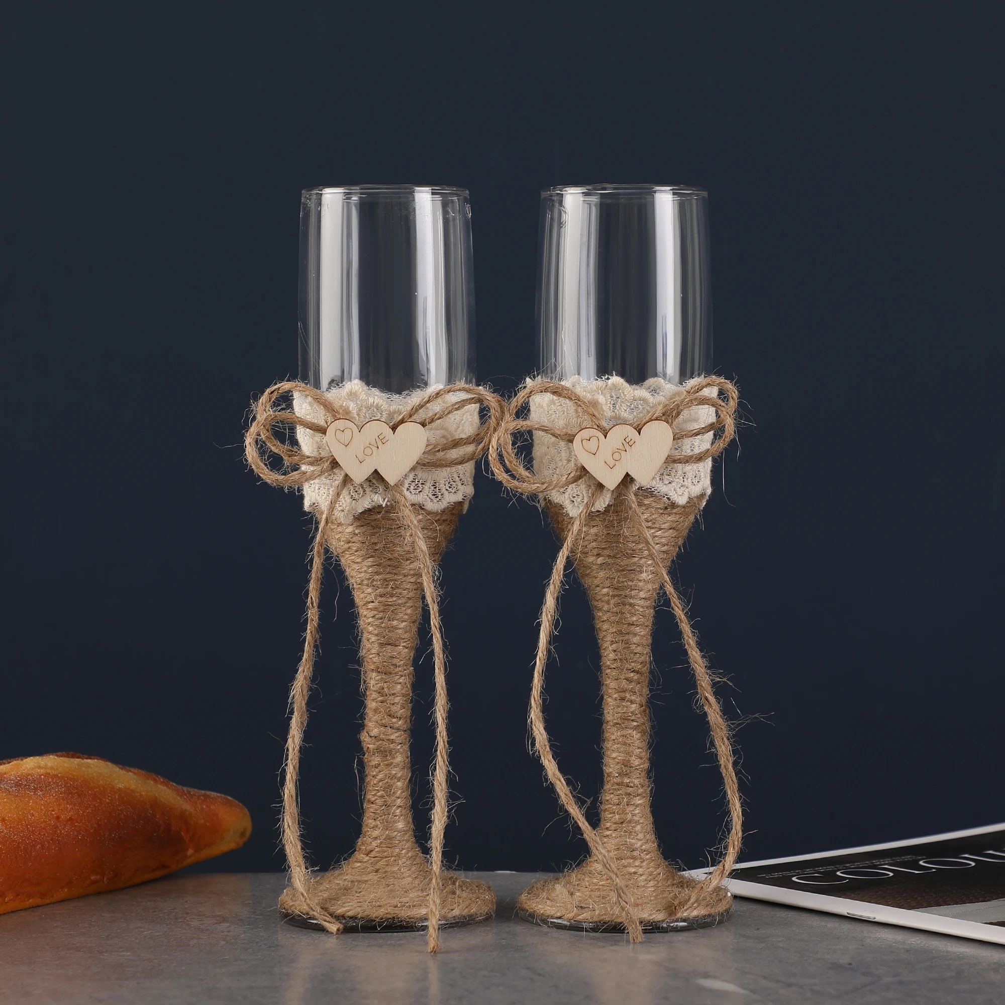 Estilo occidental nuevo doble corazón amor copa de pie alto banquete copa de vino tinto cuchillo y cuchara conjunto caja de regalo