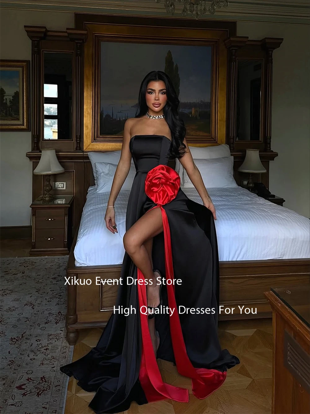 فساتين سهرة Xikuo براقة على شكل حرف A بطول الأرض فساتين حفلات كوكتيل من الساتان بفتحة عالية رداء De Soirée مخصص #5