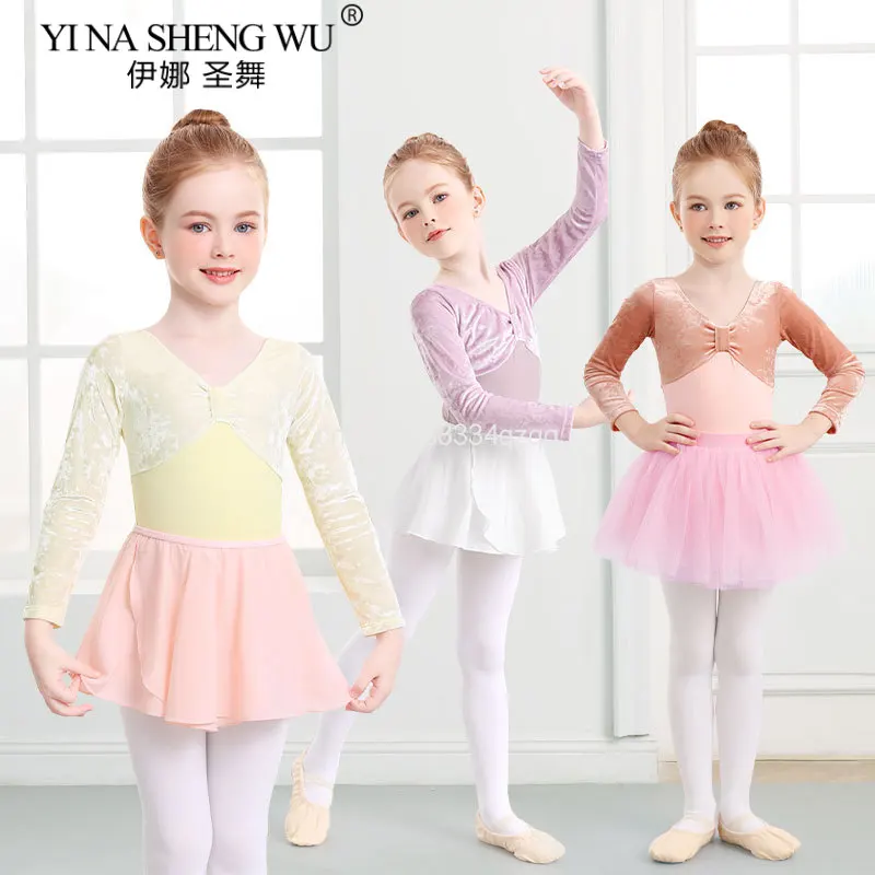 女の子バレエダンスレオタード裏地付きナイロンベルベットスプライスダンスレオタード長袖体操レオタード子供バレエボディスーツ