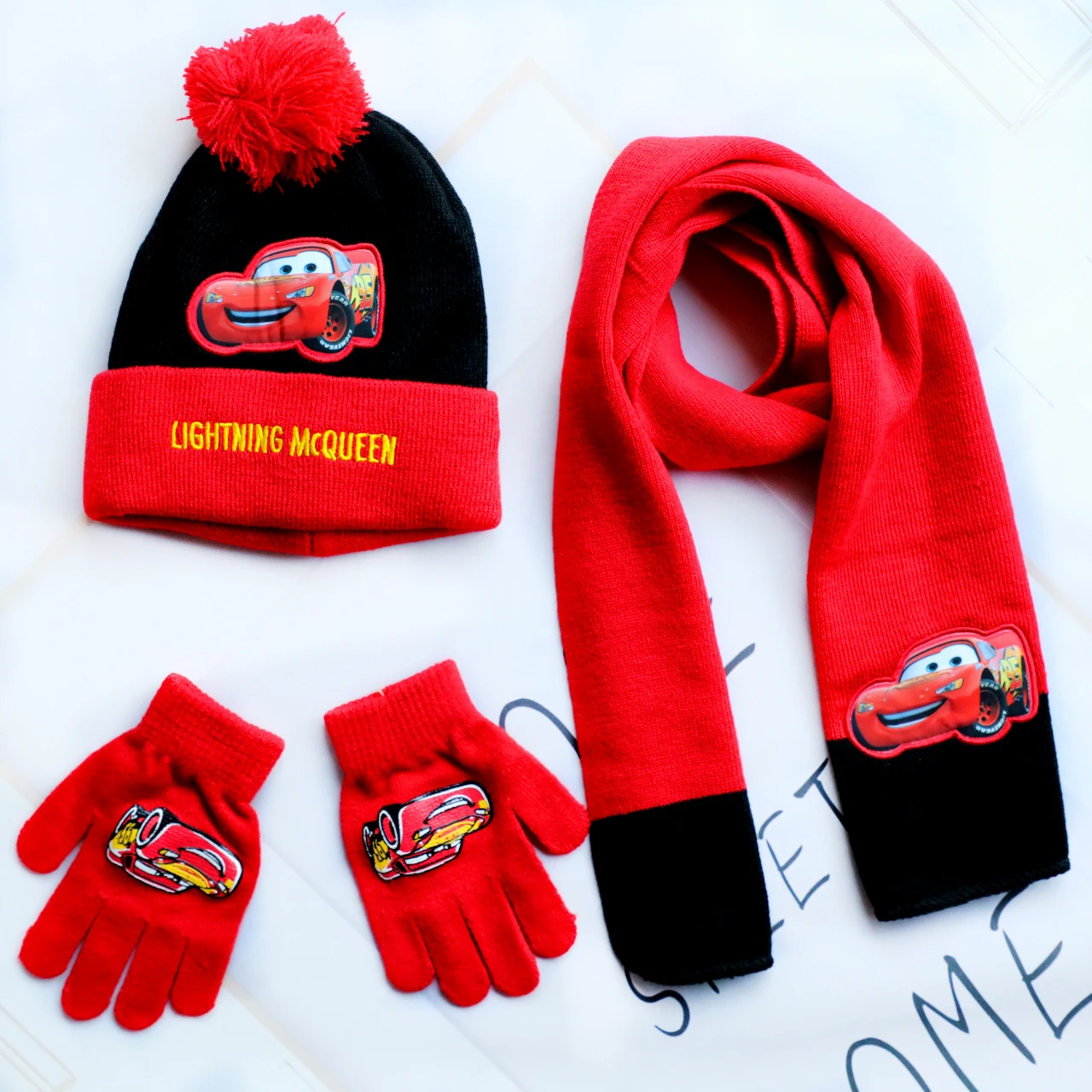 Disney New Autumn Winter Cute Children Red Black Car McQueen Cartoon Scarf Hat glove three-piece Warm Boy Girl Child hat