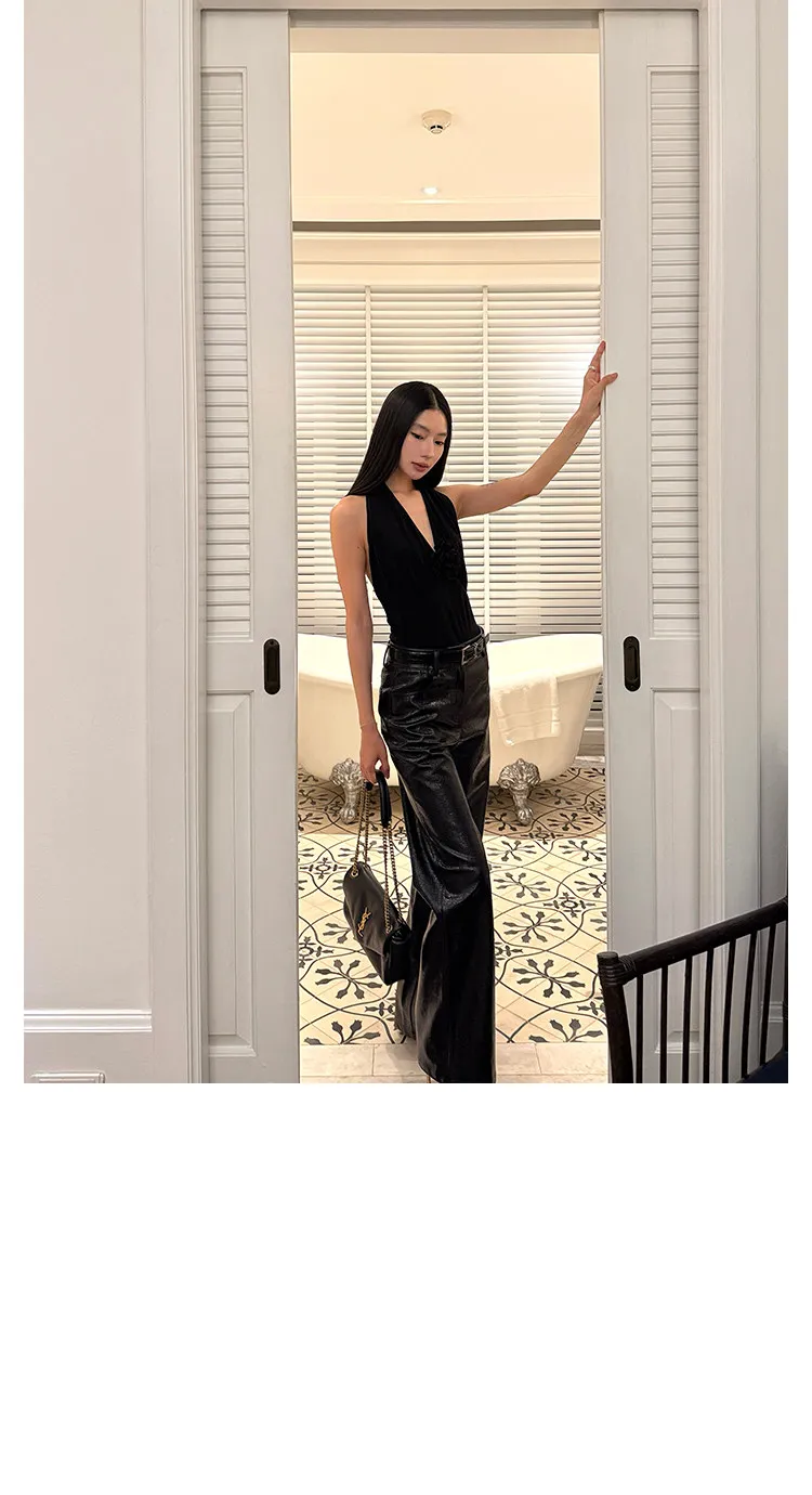 Lautaro Spring Autumn Shiny Lizard Print Pu Leather Straight Pants Women High Waist 2026 Chic Luxury Brands Alternative Pants