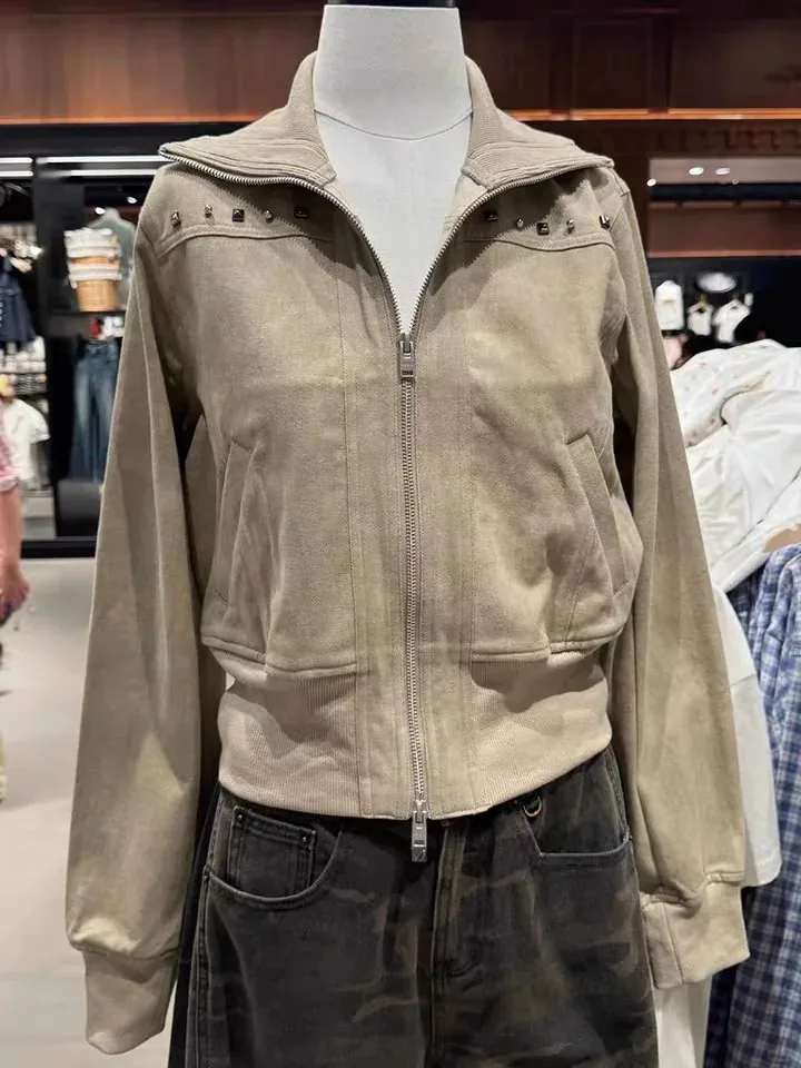 Light Khaki Rivet Cropped Jacket Women Casual Stand Collar Zipper Long Sleeve Slim Short Coat Vintage Classic Cool Outerwear Y2K