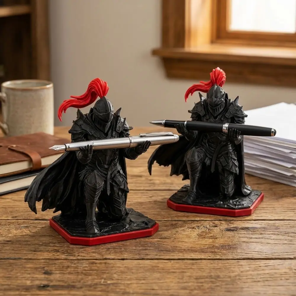 Plastic Kneeling Knight Pen Holder Statue Novelty Gift Red Plume Medieval Warrior Desk Pen Stand 3D Printed