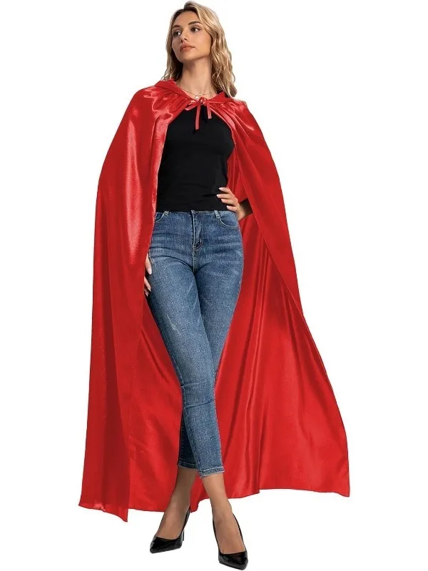 Red Satin loween  Hooded Cloak Cosplay Stage Costume Bright Surface Treaent Women's Ethnic Wear T Top