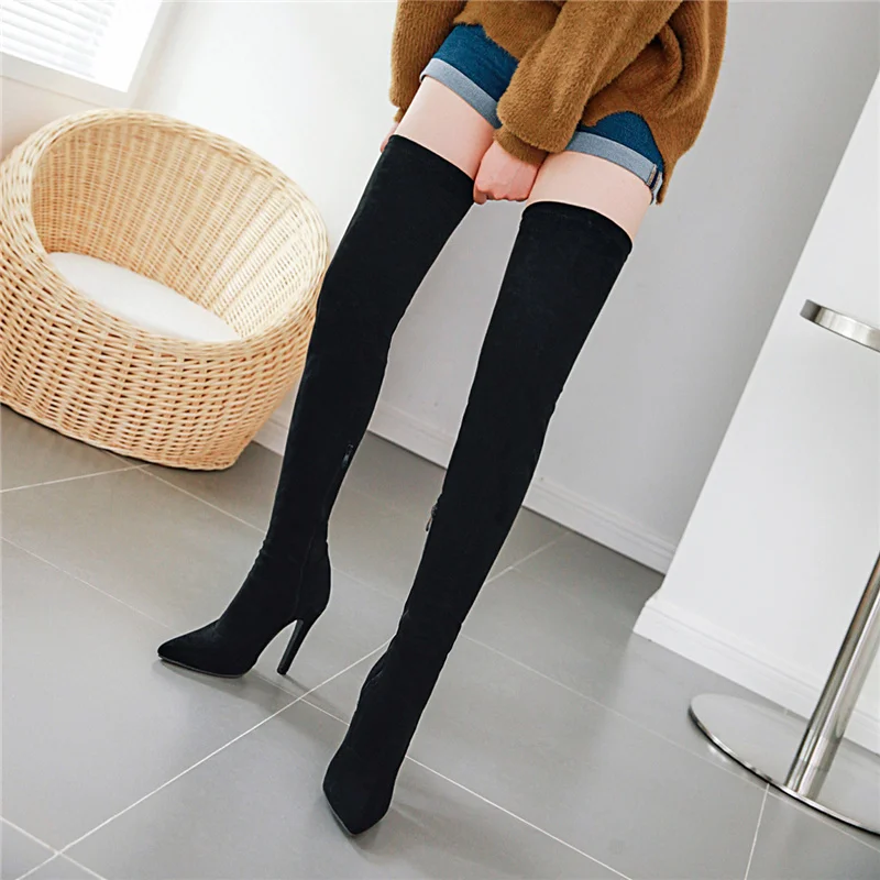 Fashion Thigh High Boots Women Soft Stretch Slim Long Over-the-Knee Boots High Heels Designer Point Toe Shoes Lady Large Size 48