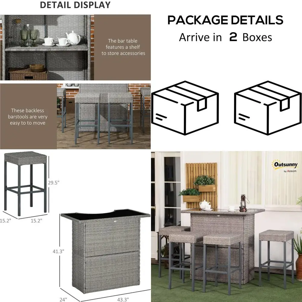 

Комплект из 5 предметов: плетеная мебель из ротанга для бара, высокий уличный стол и стулья, набор для патио в барной высоте со стеклянной столешницей и двухъярусной полкой для хранения