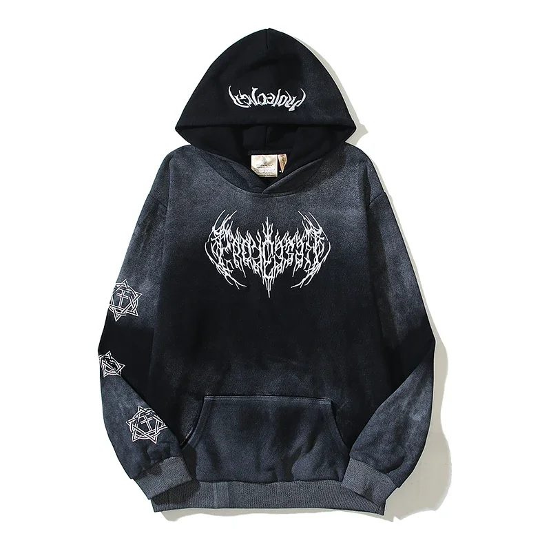 High Street Tie Dye Letter Embroidery Terry Hooded Hoodies for Men and Women Pullover Distressed Baggy Casual Sweatshirts