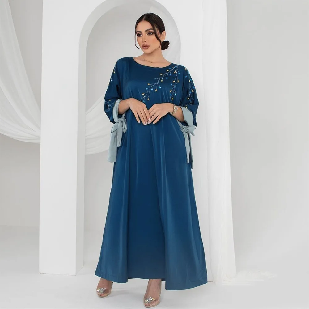 

Xqy500215 Women's Fashionable Lady Clothes Embellished Contrast Color Satin Robe Robe Abaya Ramadan Dubai Luxury Islam Elegant