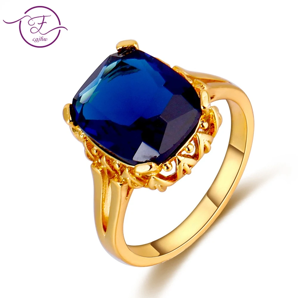 New Listing Fashion Jewelry Large Rectangular 10*12MM Royal Blue Stone Gold Color Ring Female Engagement Wedding Party Jewelry