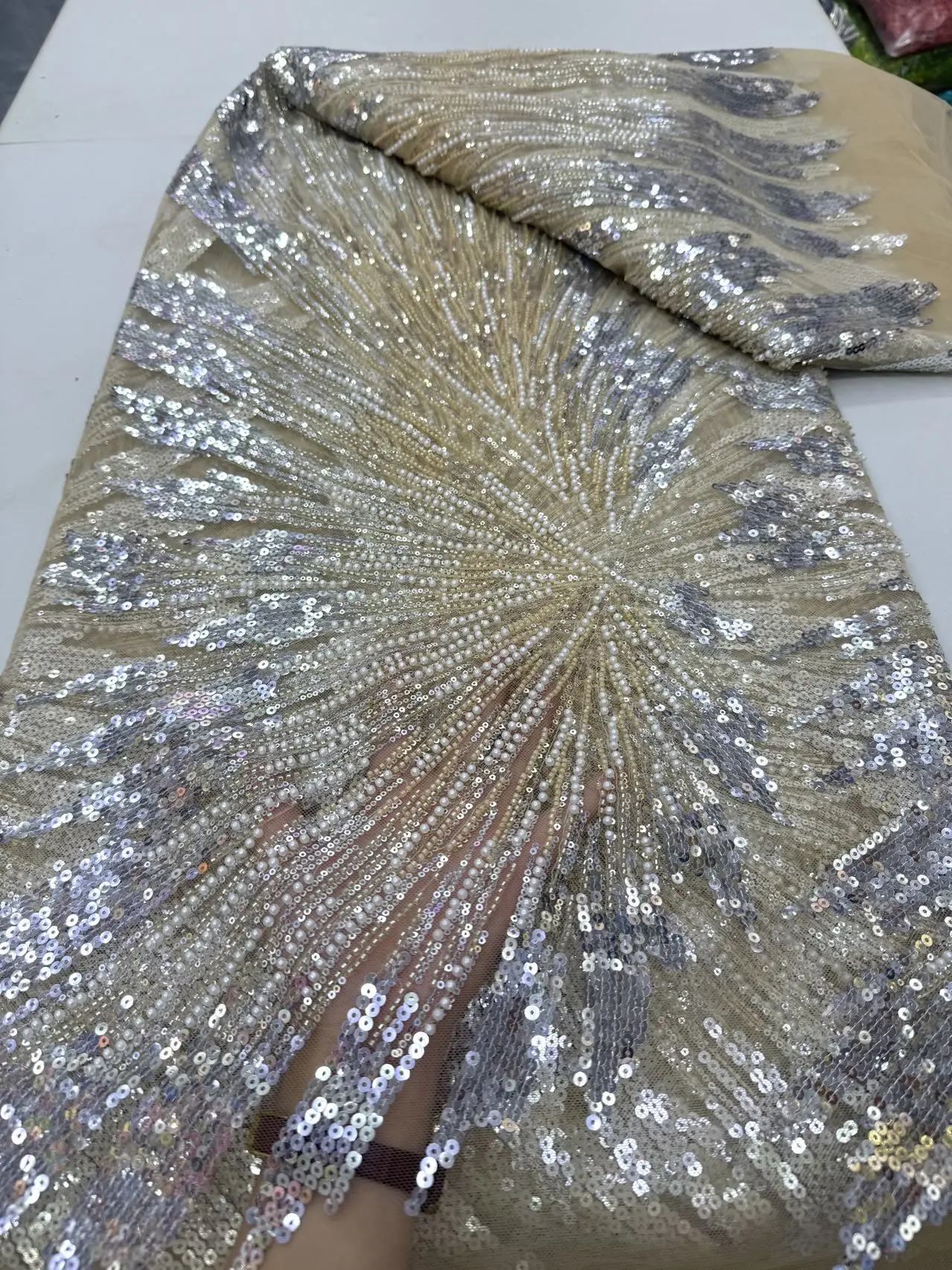 

African Nigerian 2025 High-Quality Sequins Embroidery Tulle Lace Fabric Dresses Sewing Beads Stone for Prom 5Yards JY485