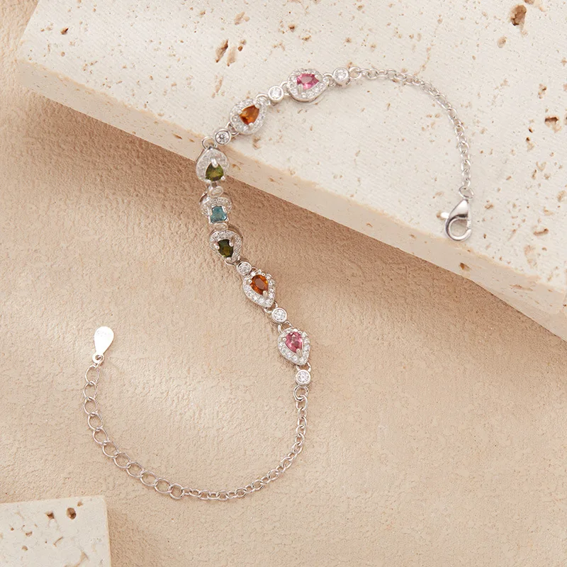 

S925Pure Silver Colorful Gemstone Natural Tourmaline Bracelet for Women Water Drop Shaped Gemstone Jewelry Bracelet Hot Sale Fac
