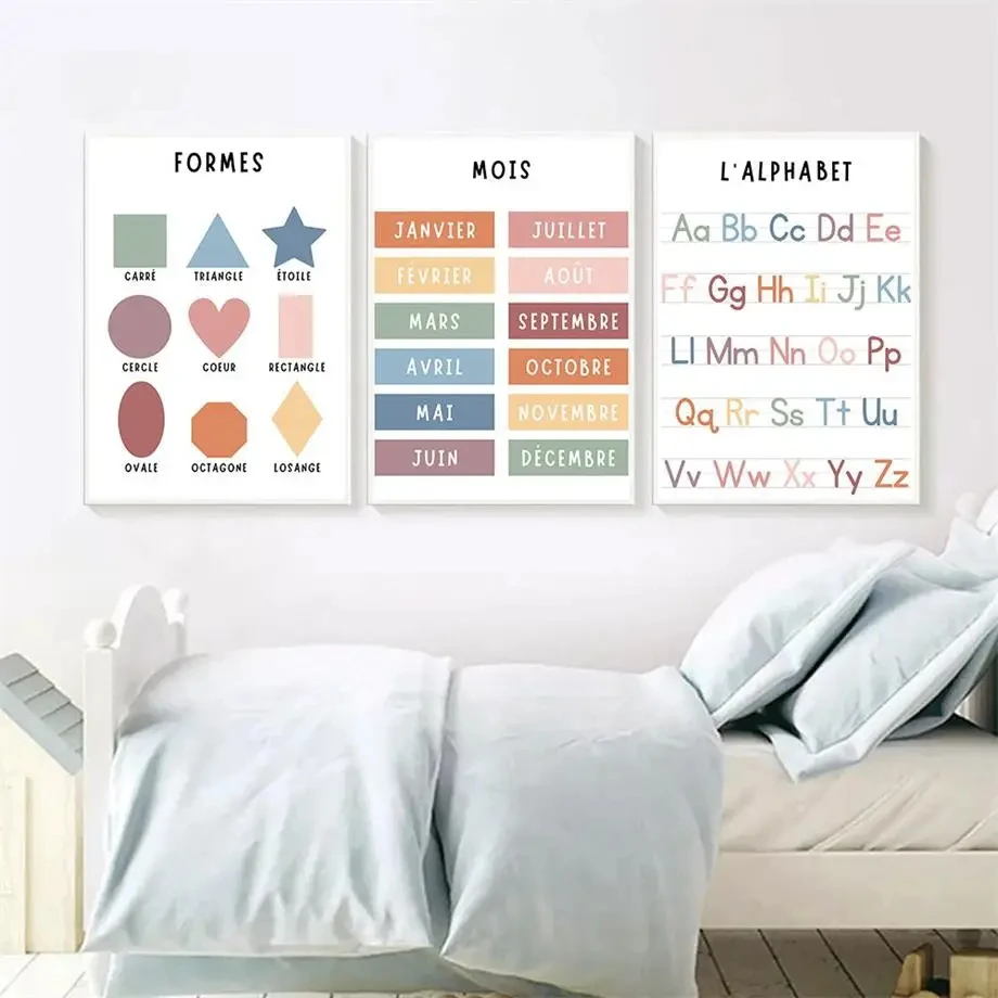 غرفة الأطفال ملصق جدار الإنجليزية الفرنسية عدد الحروف شكل قماش اللوحة الطقس التعليم الفن طباعة الديكور