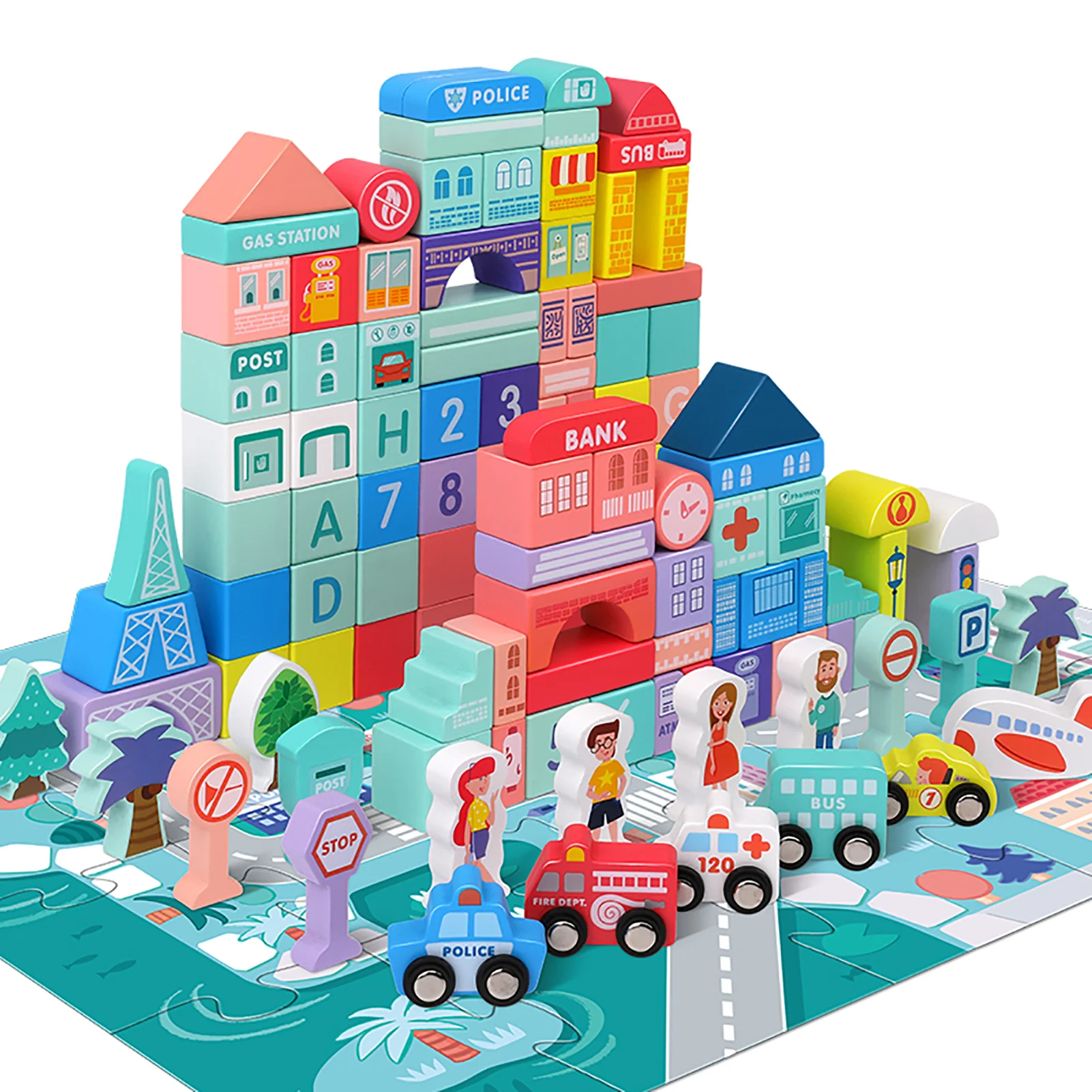 木製の街並み組み立てブロックセット。数字、文字、交通機関のフ - Educational Toys のレビューと価格
