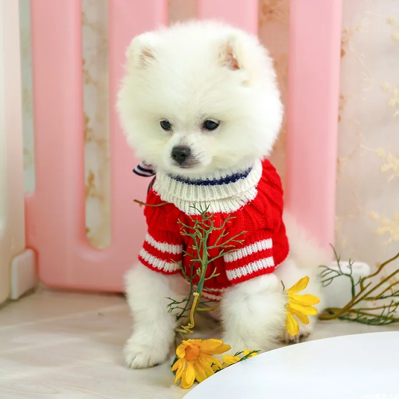 1PC Pet Clothing Cat Autumn and Winter Thickened Warm Soft Red Bow Knitted Elastic Sweater Suitable for Small and Medium Dogs