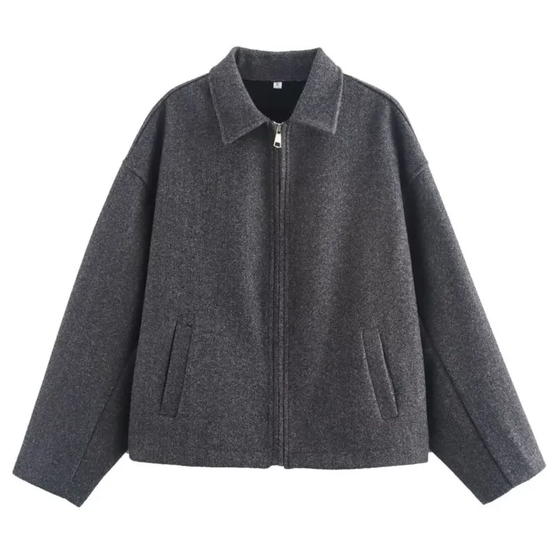 

Daily Jackets Tops Autumn Women's Stylish 5-Solid-Color Oversized Wool-Blend Jacket Zip-Up Design Warm Windproof Outerwear