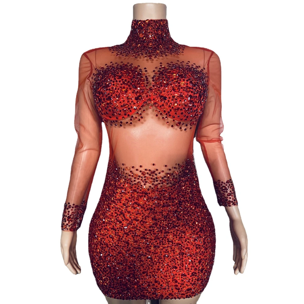 

Luxurious Rhinestones Short Dress Sexy See Through Crystal Celebriate Evening Prom Party Birthday Dress Show Stage Wear