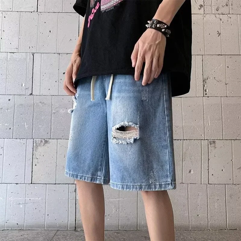 Summer Distressed Ripped Jorts Mens Drawstring Retro Fashion Denim Shorts Hombre Y2K Streetwear Baggy Short Jeans Blue Bermuda