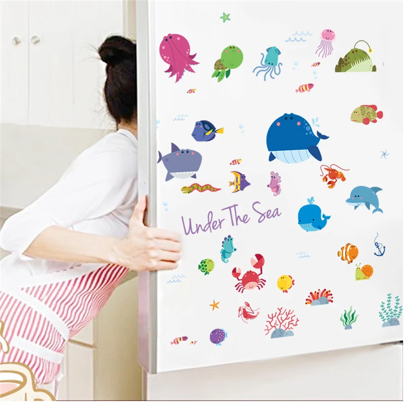 Pegatina de pared de peces coloridos, tiburón, ballena, Tortuga, Sealife para habitación de niños, decoración de baño, Mural de océano, arte, calcomanías para el hogar, póster de Pvc