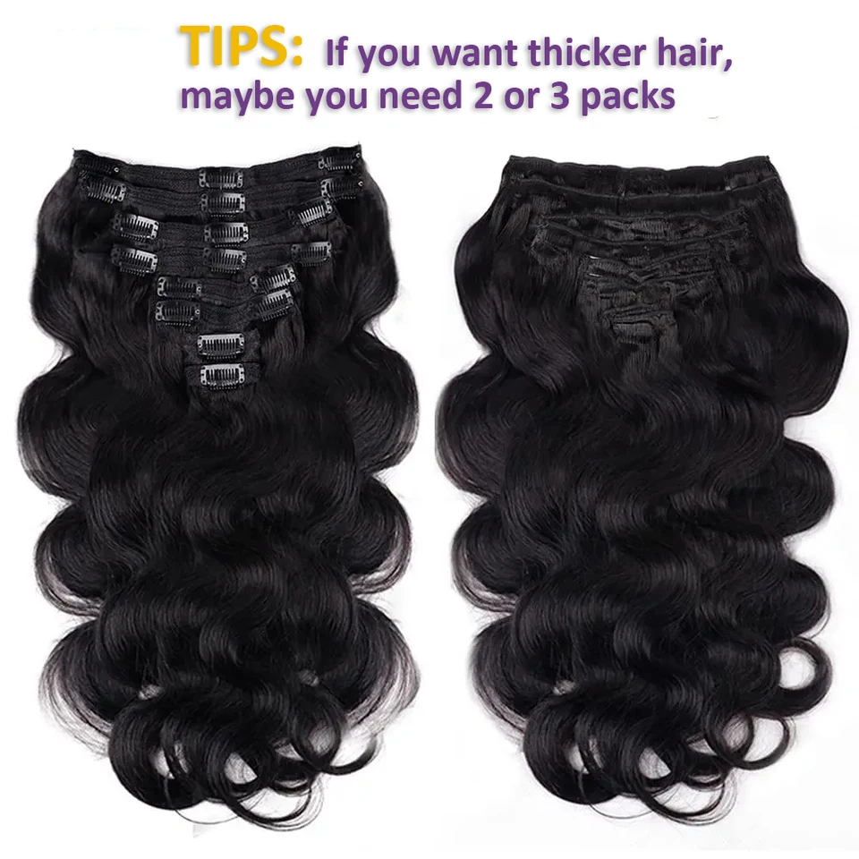 Extensiones de cabello humano con clips Body Wave, 8 piezas, negro natural, remy, tejido de piel, para salón 6