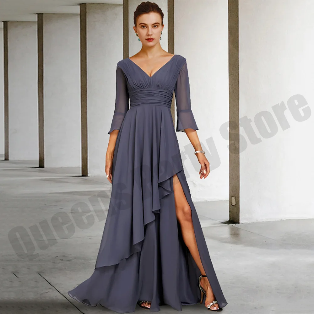 

Simple Chiffon Mother of The Bride Dress Women Party Dresses V Neck 3/4 Sleeves Pleat Ruched Side Split Wedding Guest Gown