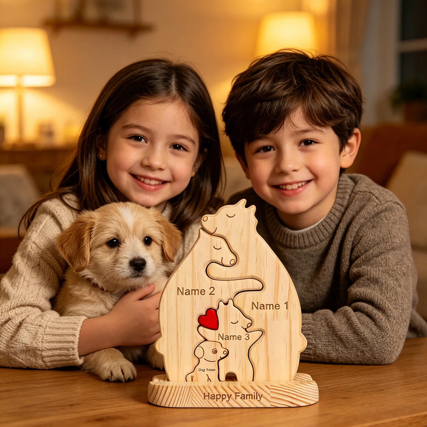 Puzzle en bois personnalisé Famille d'ours avec chien – Soldes Exceptionnelles – Cadeau pour les Amoureux des Animaux – Souvenir de la Famille d'Animaux – Solidarité pour les Organisations de Sauvetage Animalier – Fête des Mères