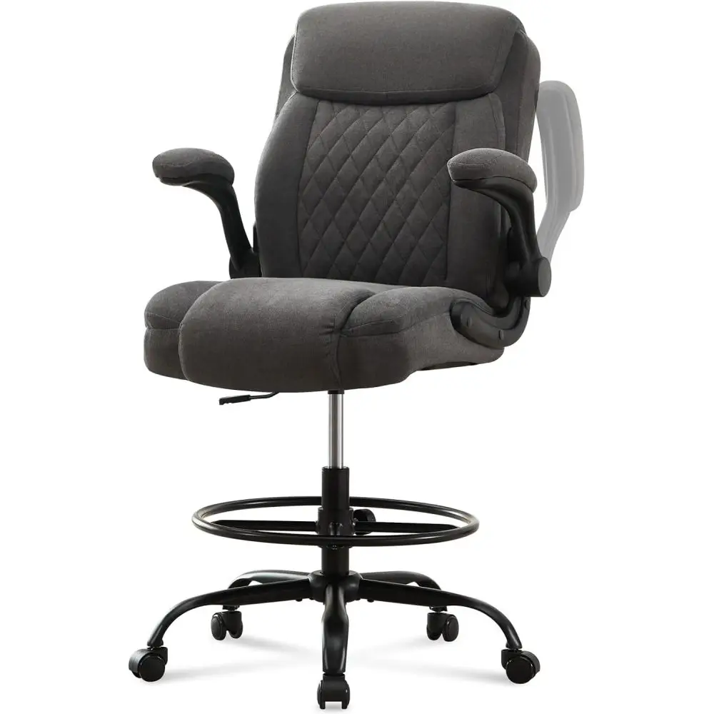 Drafting Chair Tall Office Chair for Standing Desk, Ergonomic Tall Desk Chair with Adjustable Foot Ring, Flip-Up Armrests, Lumbar Support, Comfortable Fabric Seat – Ideal for Home and Office