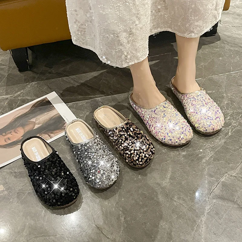 2024 Summer New Fashion Shoes Wear Silver Baotou Glitter Flat Casual Slippers