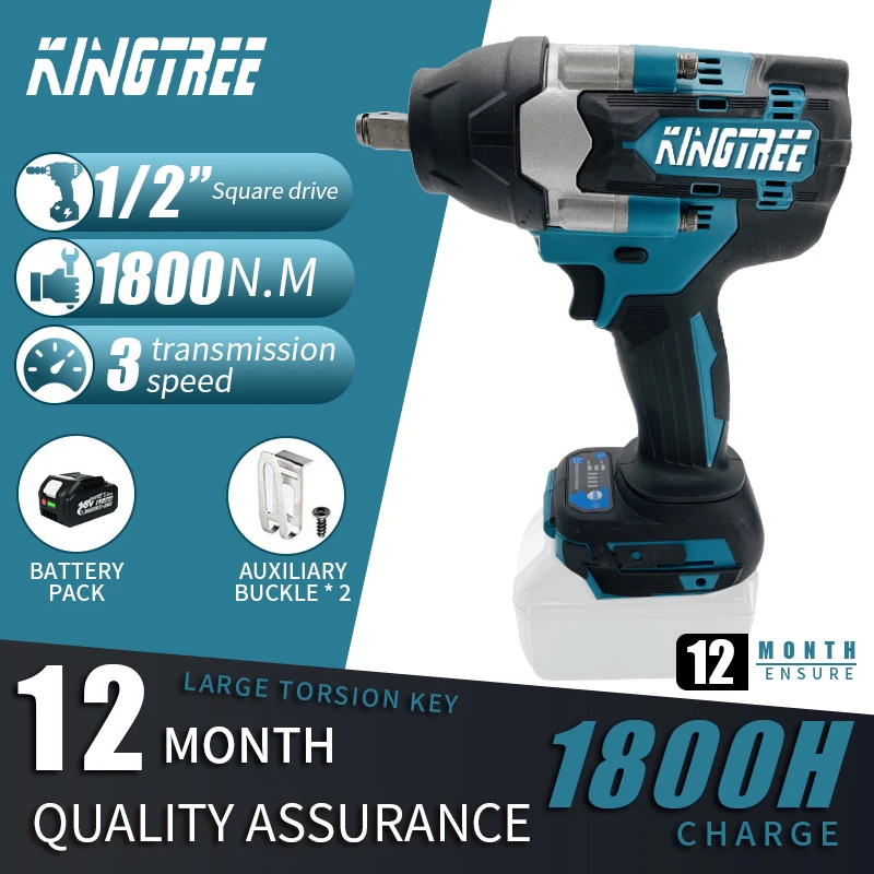 

Kingtree 1800 N.M Torque Brushless Electric Impact Wrench Lithium-Ion Battery For Makita 18V Battery Home DIYS power tools