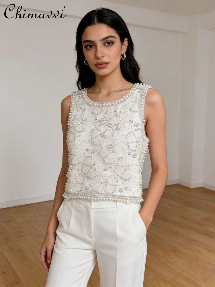 

2026 Spring High-end Fashion Crew Neck Sleeveless Vest Top Heavy Industry Beaded Flowers Slim Fit Versatile Tanks Tops For Women