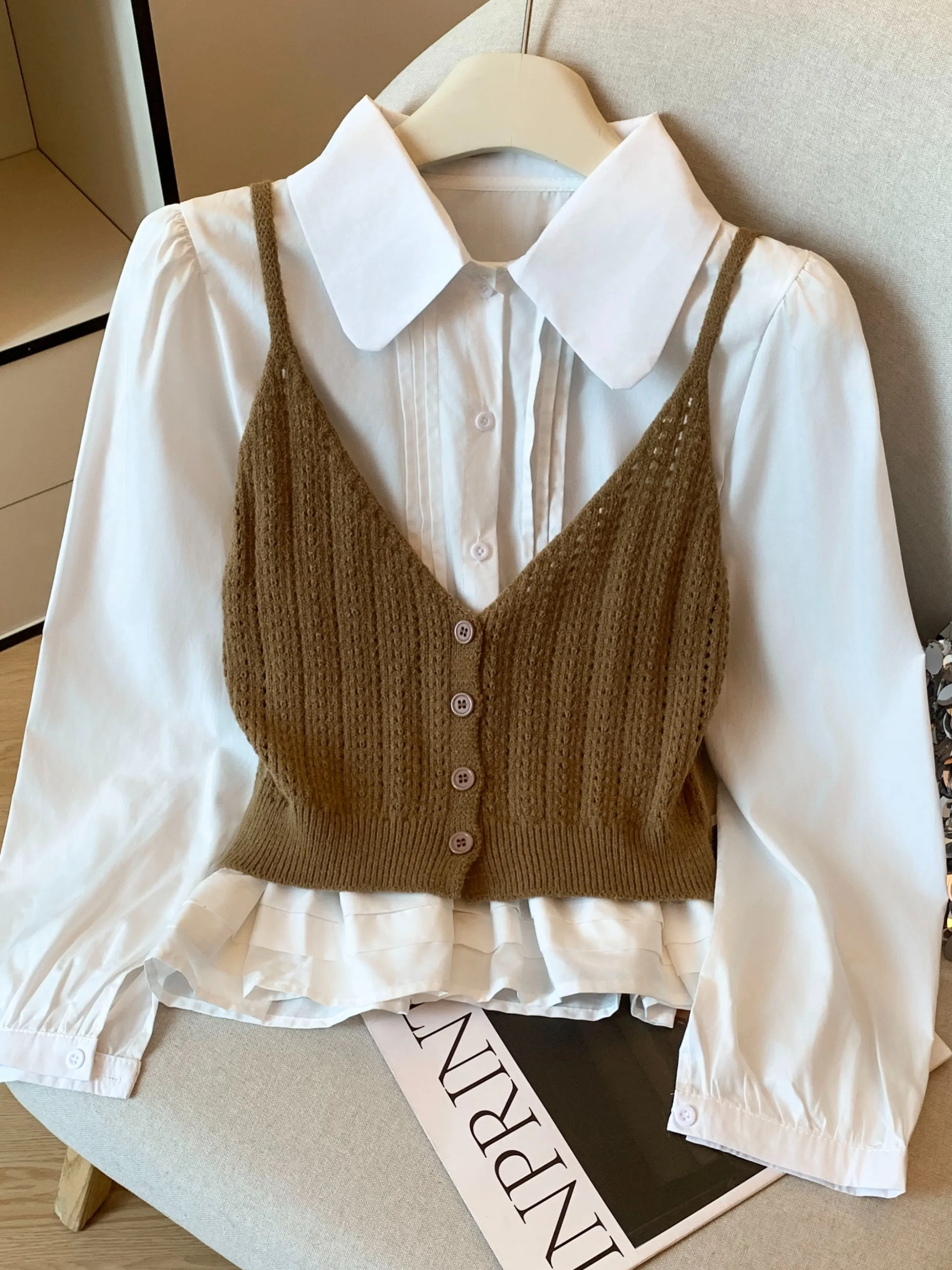 

V-Ne Knitted Tank Top And Long Sve Collared irt Women's Spring Autumn Two-Piece Set Original Design Loose Fit Button D...