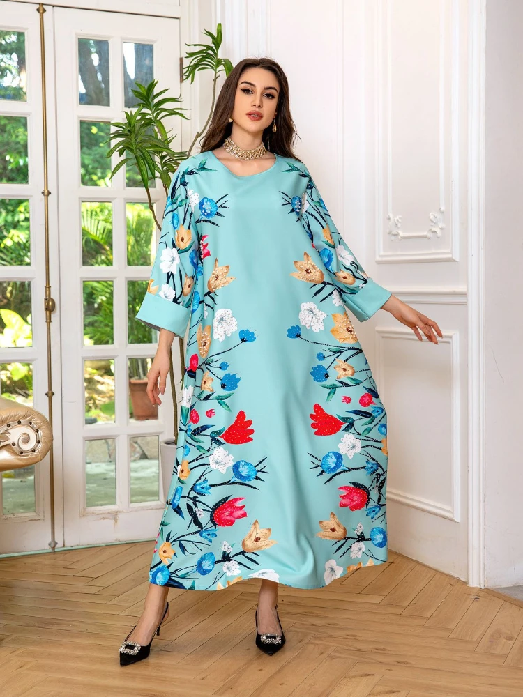 Women Eid Muslim Long Dresses Jalabiya Abaya Beading Morocco Party Dress Kaftan Ramadan Maxi Vestidos Dubai Abaya Print 2024