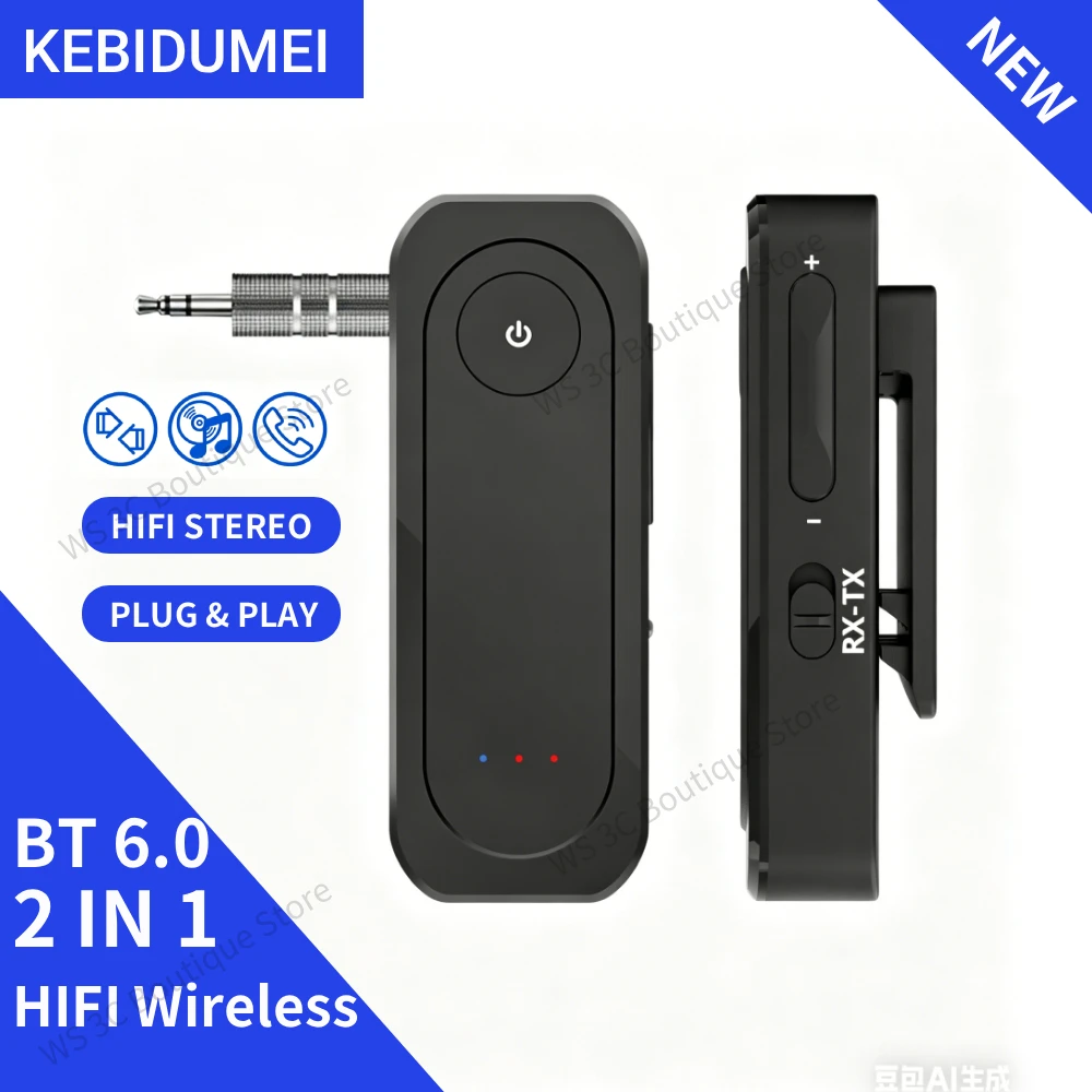 KEBIDUMEI 2-in-1 Bluetooth 6.0 Empfänger-Sender 3,5mm AUX Kabelloser Audio-Adapter mit Kragenclip für Auto-Lautsprecher TV PC