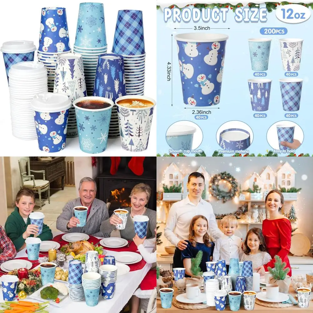 

12oz Disposable Christmas Cups with Lids, 200 Pack Blue Winter Holiday Paper Cups for Hot & Cold Drinks, Party Supplies