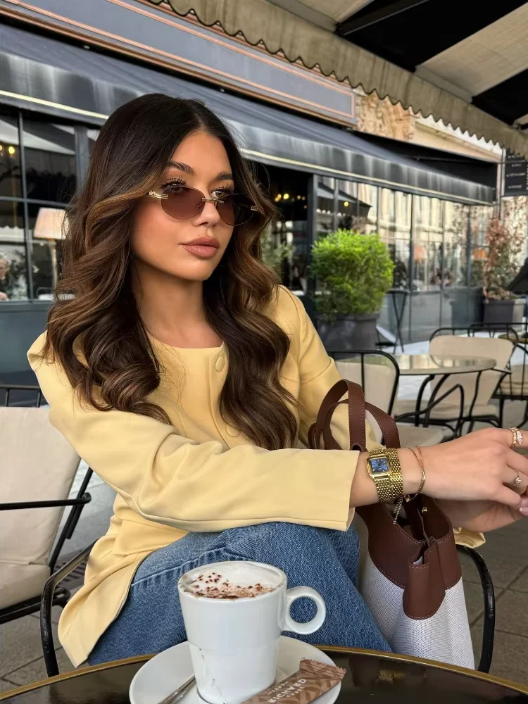 

Single Breasted Women's Blazer Coats Slim O-neck Long Sleeve Shoulder Pads Female Jacket 2025 Autumn Lady Office Outwear