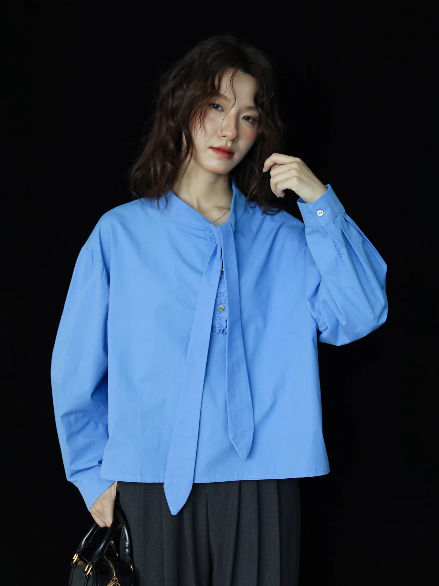

Faionable Light Blue Long Sve irt Women's Retro Design Simple Belted Unique Top Cotton Breathable Autumn Winter New Sle