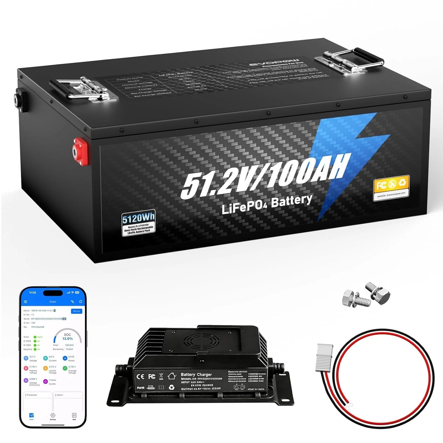 

48V 100Ah LiFePO4 Golf Cart Battery 300A BMS 58.4V 20A Charger 6000 Cycles RV Solar Marine Custom