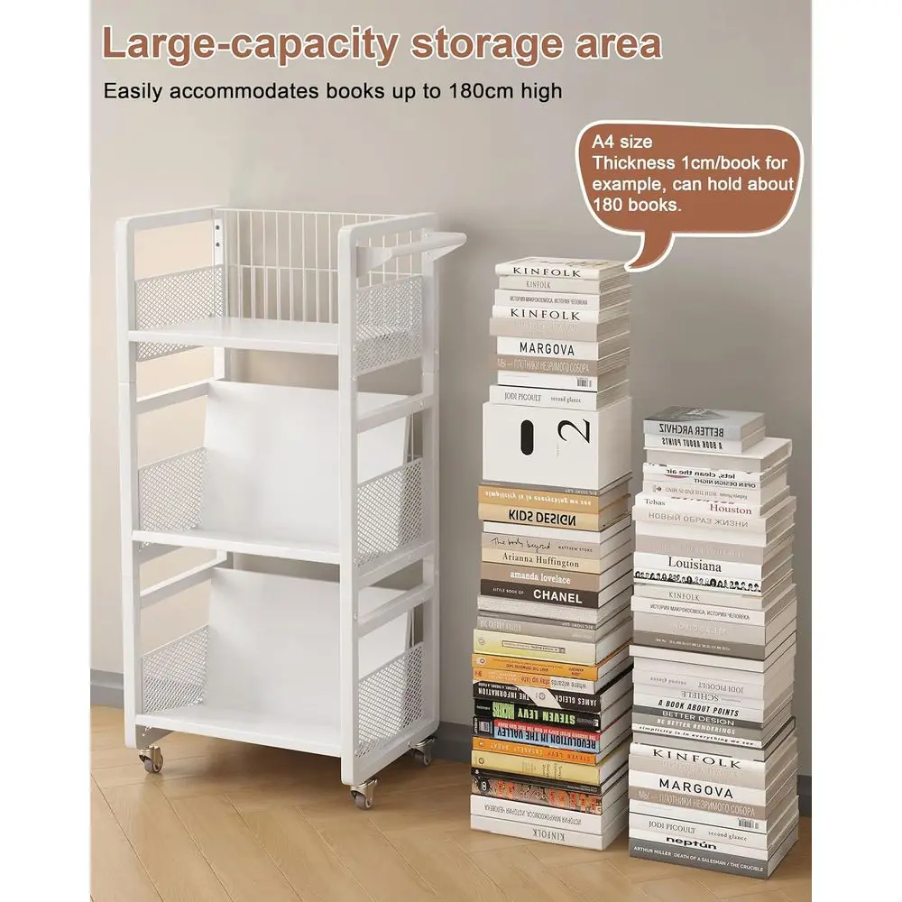 Book Cart Heavy Duty Double-Sided with Silent Wheels & 3 Magnetic Book Supports Rolling Bookshelf Library Book Truck for Home, O